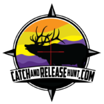 Catch and Release Hunt Logo, an elk caught in cross hairs at sunset.